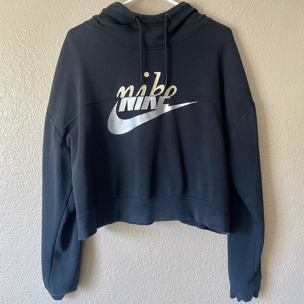 Nike Women's Rally Metallic Crop Black Hoodie with Silver Gold Logo